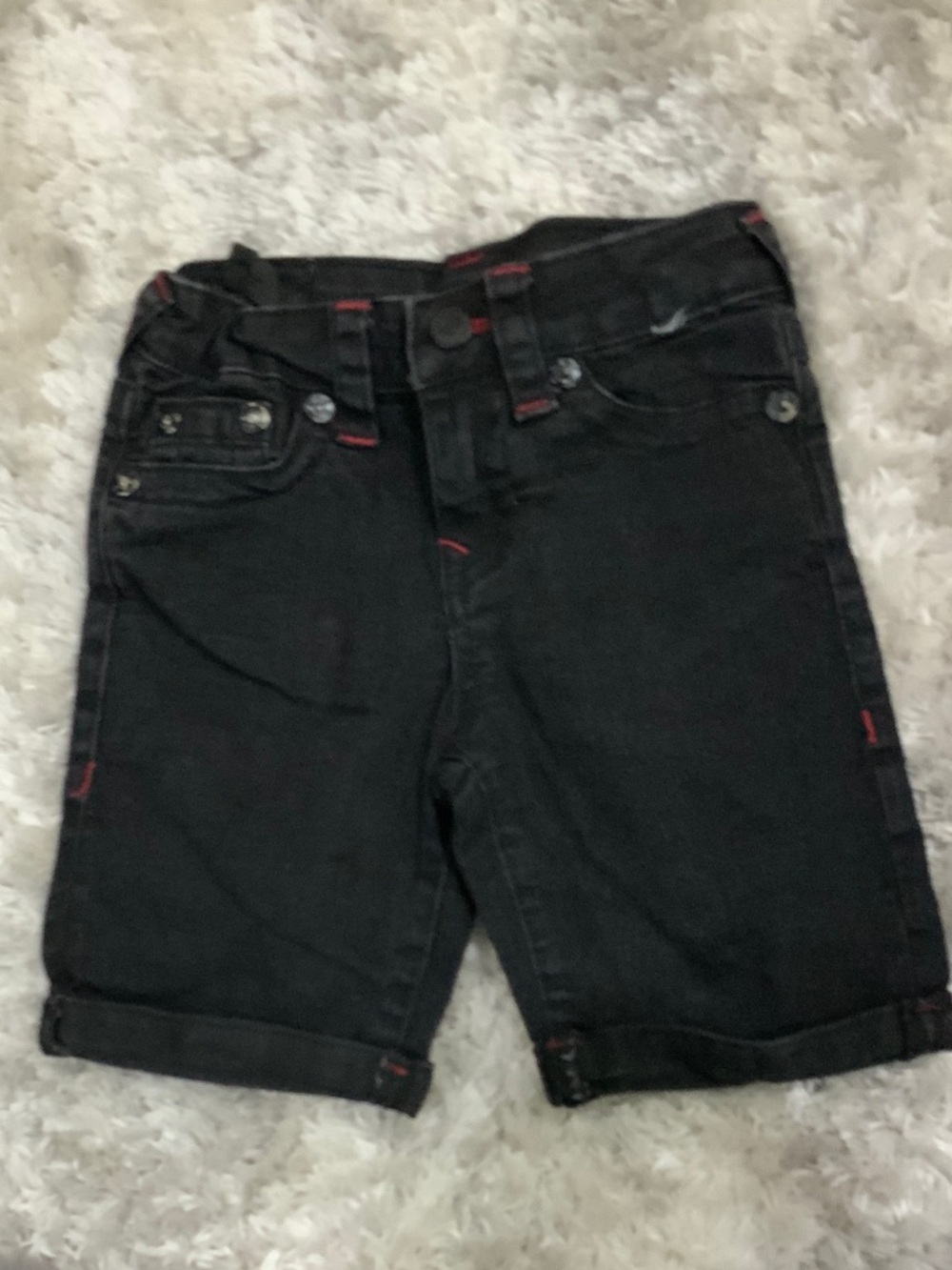 True Religion Kids Black Denim Shorts with Red Stitching